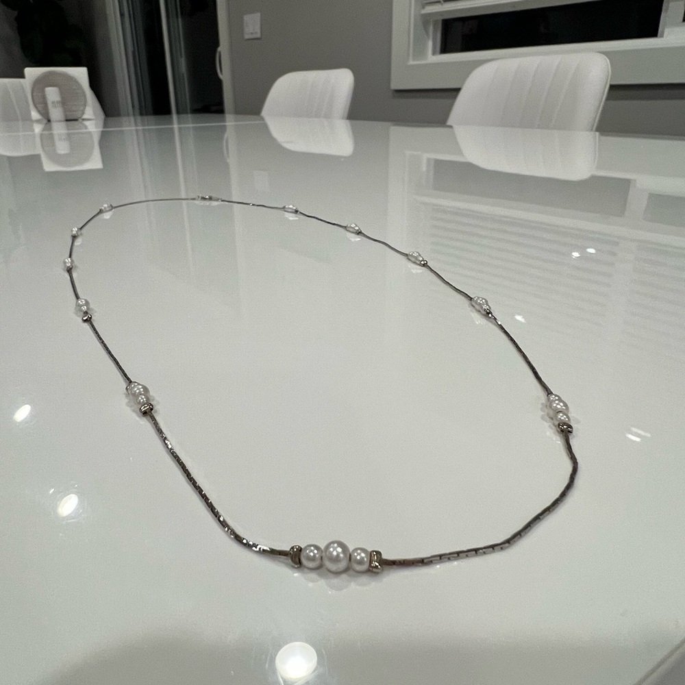 Elegant Silver-Tone Pearl Station Necklace - Women Jewelry